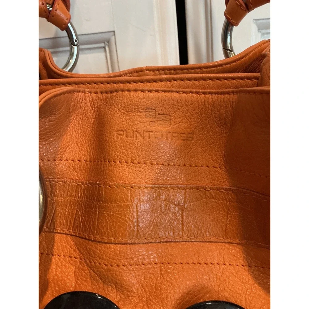 Puntotres Barcelona VINTAGE Orange Leather Satchel Crossbody Bucket Bag‎